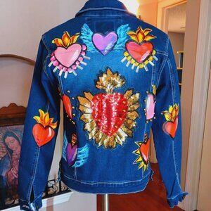 Hand Painted Jean Jacket stretch Jean materia Sagrado Corazon